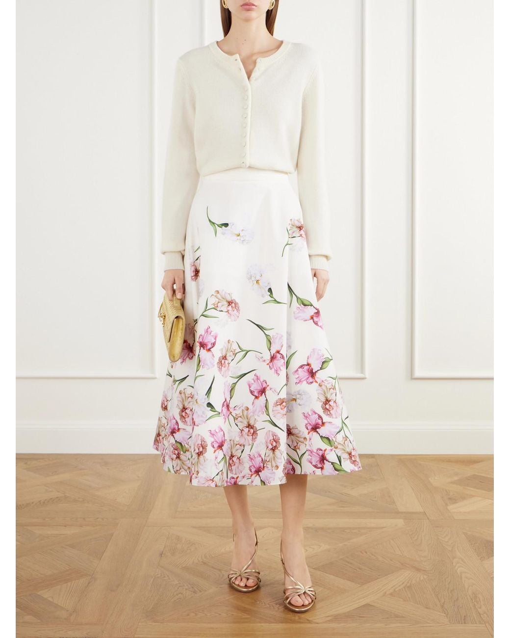 Oscar de la Renta Natural Floral-Print Cotton-Blend Poplin Midi Skirt