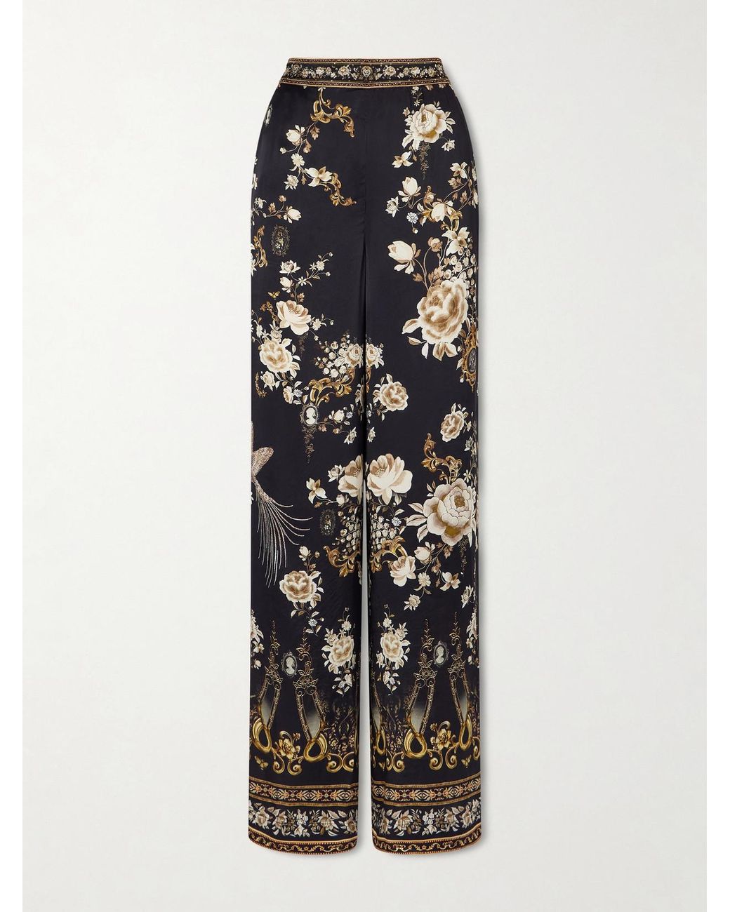 Camilla Black Embellished Embroidered Printed Silk-Satin Pants