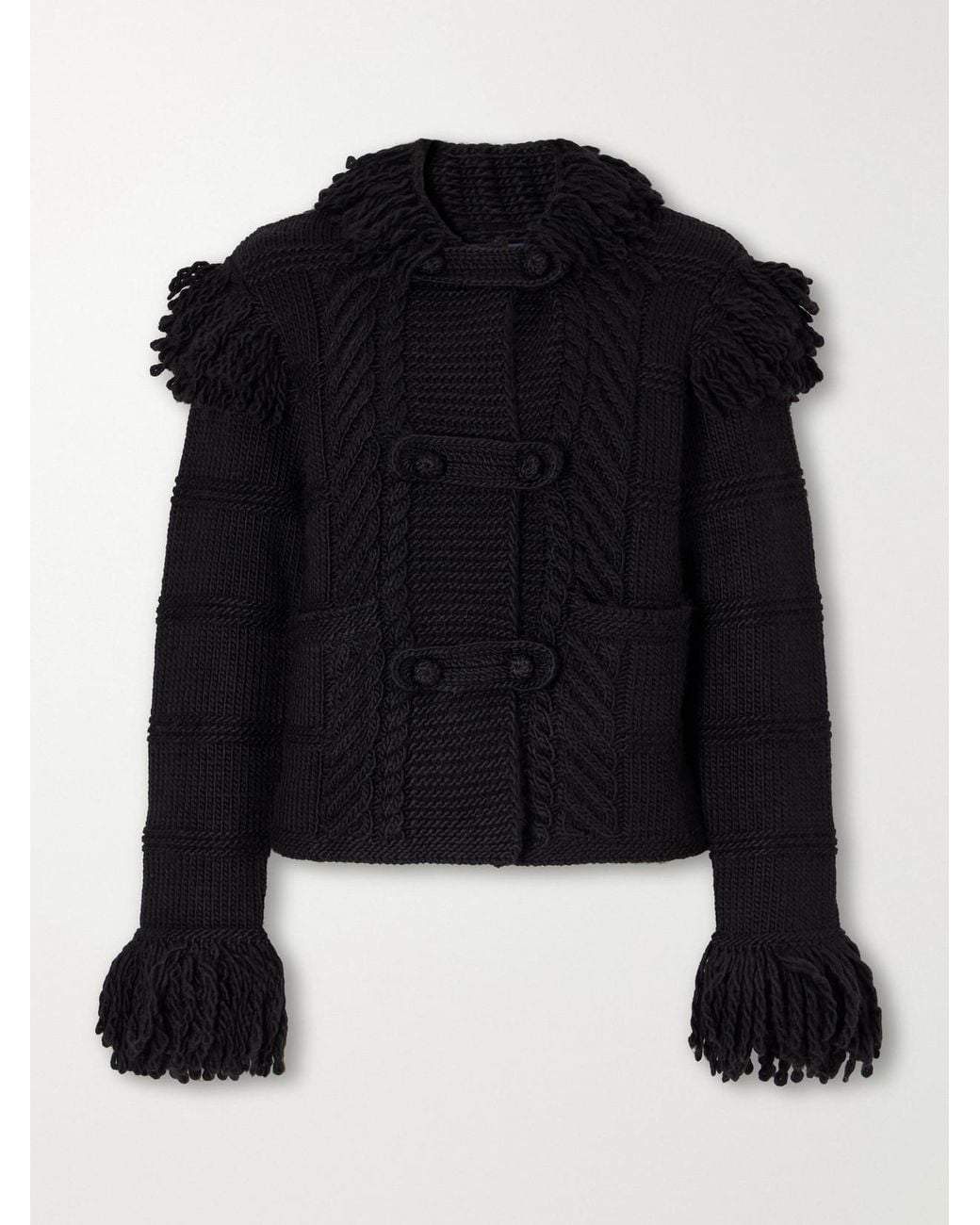 Polo Ralph Lauren Black Fringed Cable-Knit Wool Cardigan