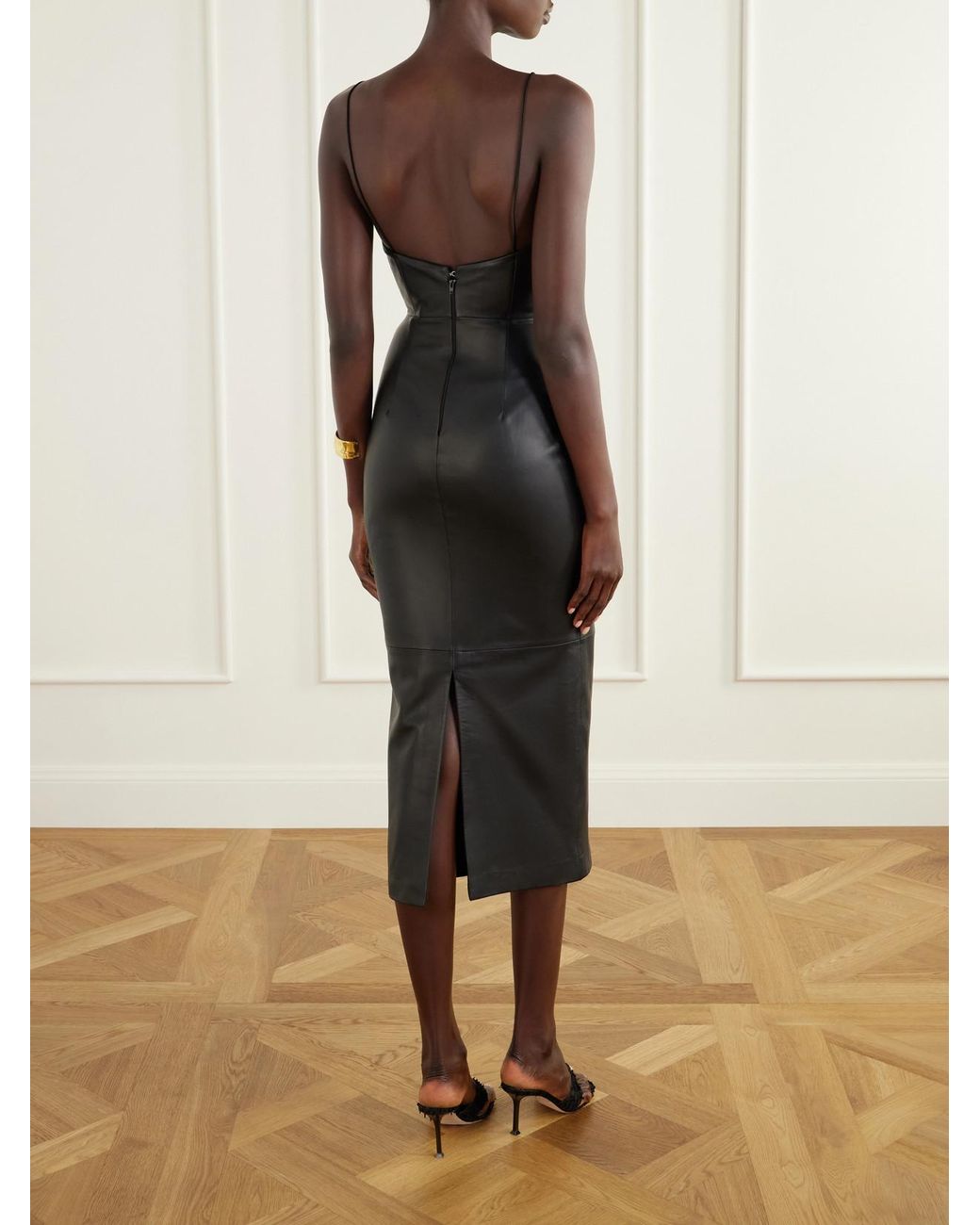 Alex Perry Black Bikini Leather Midi Dress