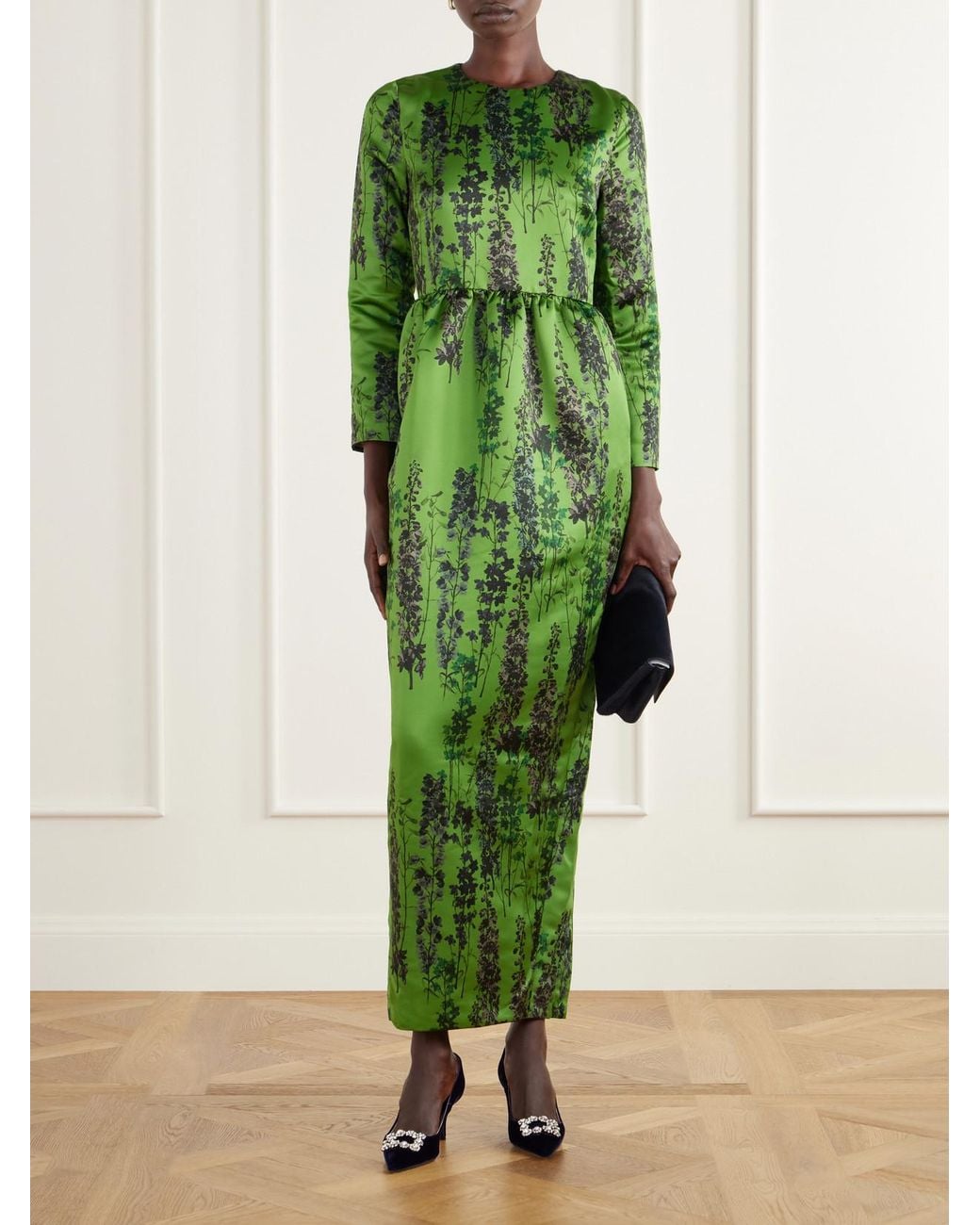 BERNADETTE Green Lenny Gathered Floral-Print Satin Midi Dress