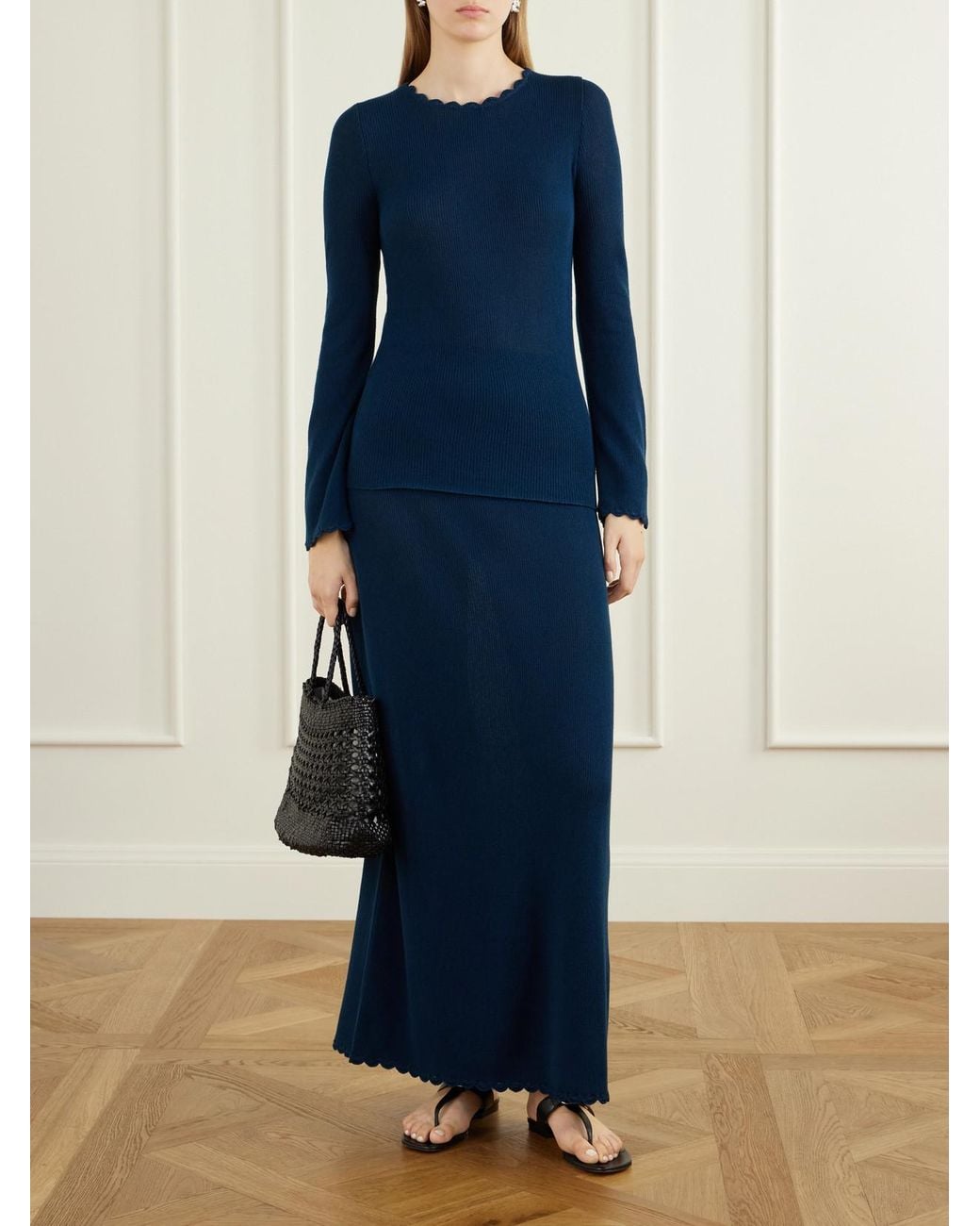 Escvdo Blue Bernabe Scalloped Ribbed Cotton Sweater