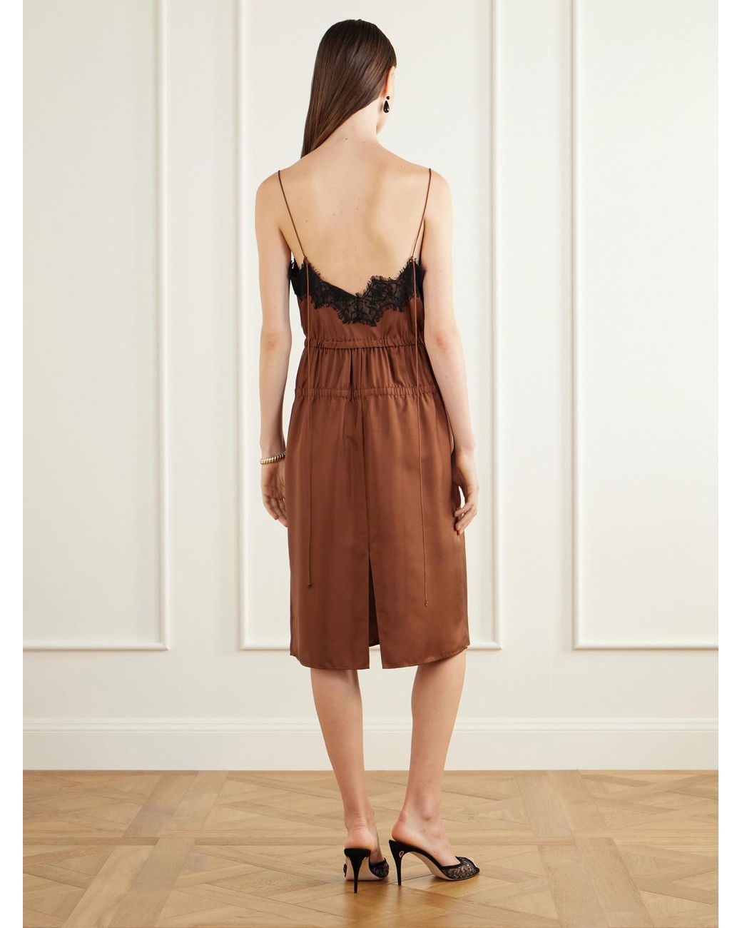 Rohe Brown Camura Lace-Trimmed Shirred Silk-Satin Midi Dress