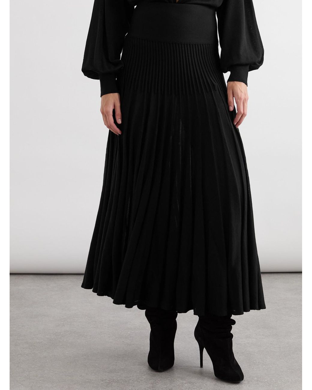 Alaïa Black Pleated Wool Midi Skirt