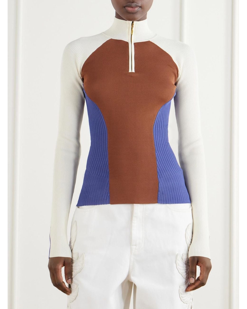 Zimmermann Blue Clash Ribbed Jersey Half-Zip Sweater