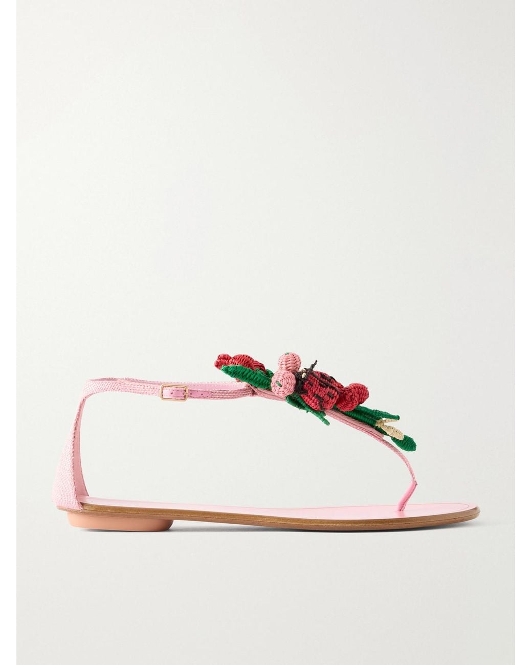 Aquazzura Pink Botanica Embellished Leather And Raffia Thong Sandals