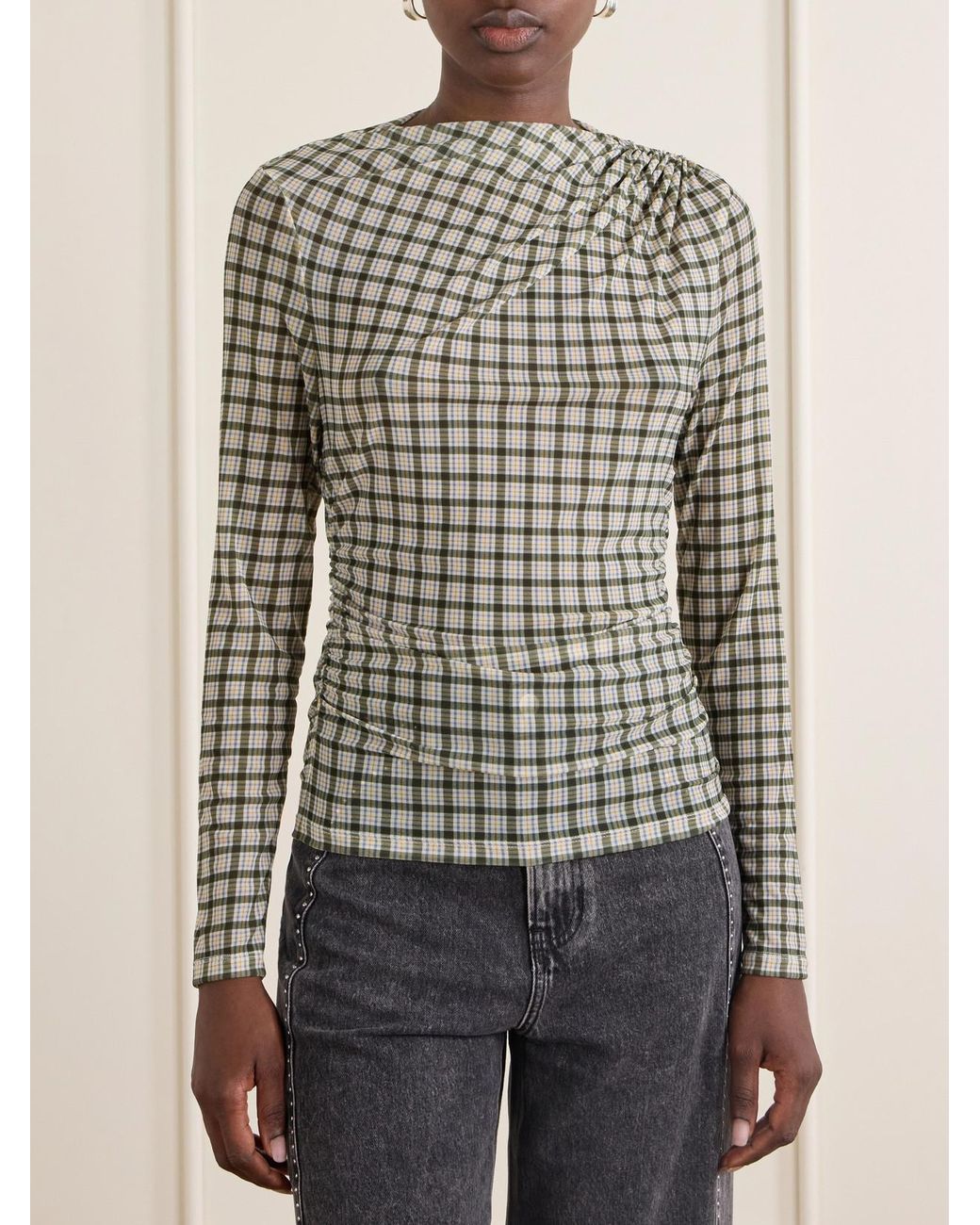 Veronica Beard White Nuvina Gathered Checked Stretch-Mesh Blouse