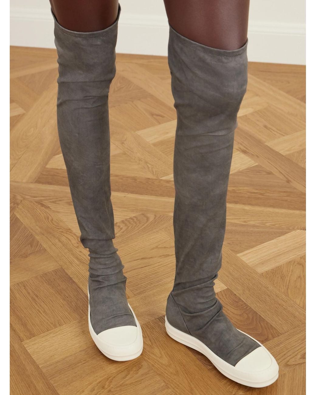 Rick Owens White High Sock Stretch-Twill Over-The-Knee Boots