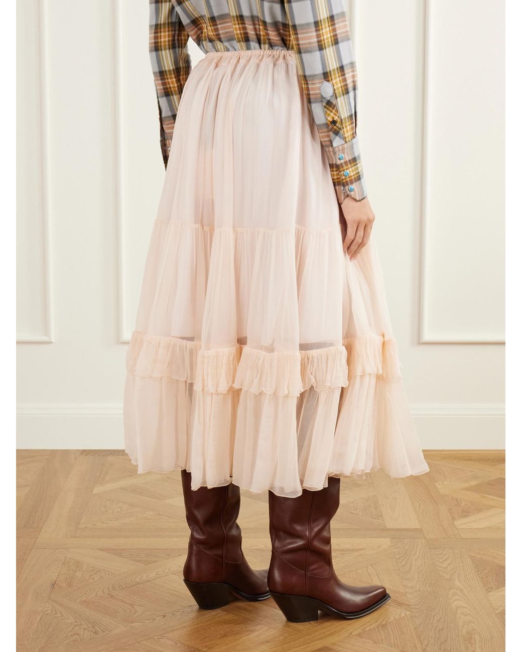 Chloé Natural Tiered Ruffled Silk-Mousseline Midi Skirt