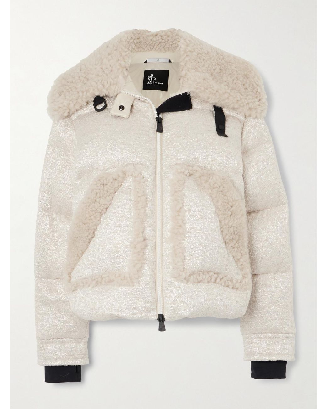 Moncler Natural Stowe Appliquéd Shearling-Trimmed Metallic Tweed Down Jacket