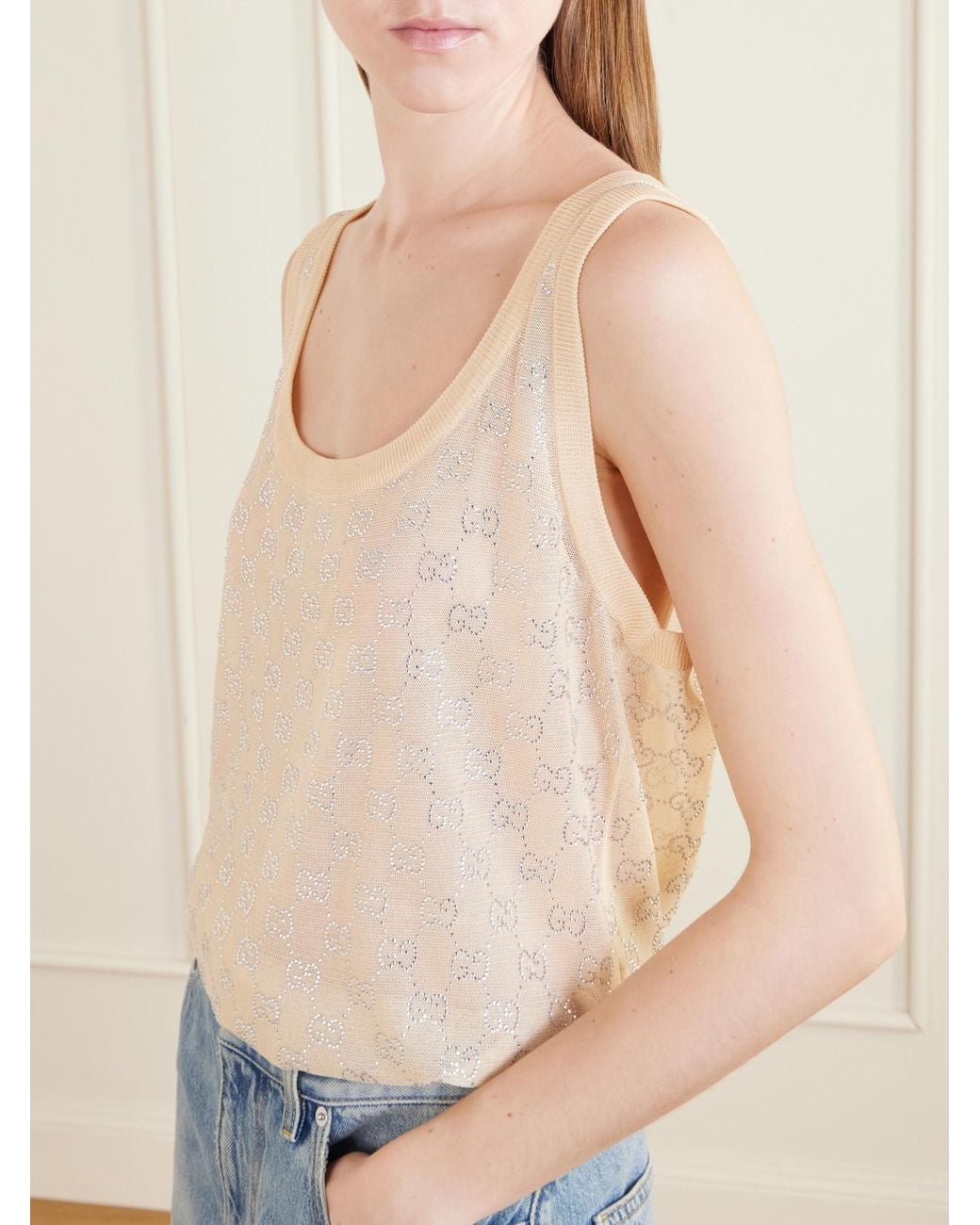 Gucci Natural Crystal-Embellished Knitted Silk Top