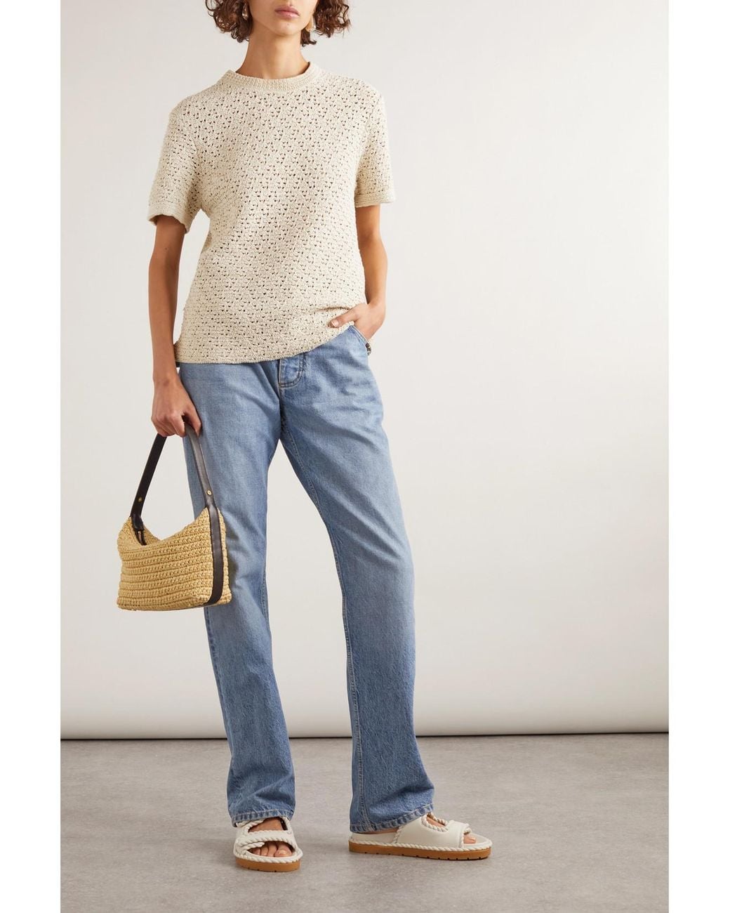 Bottega Veneta Natural Crochet-Knit Cotton T-Shirt