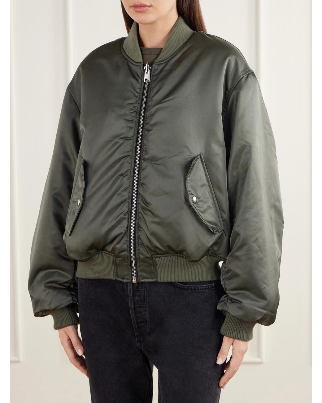 Agolde Green Frankie Reversible Plush And Satin Shell Bomber Jacket