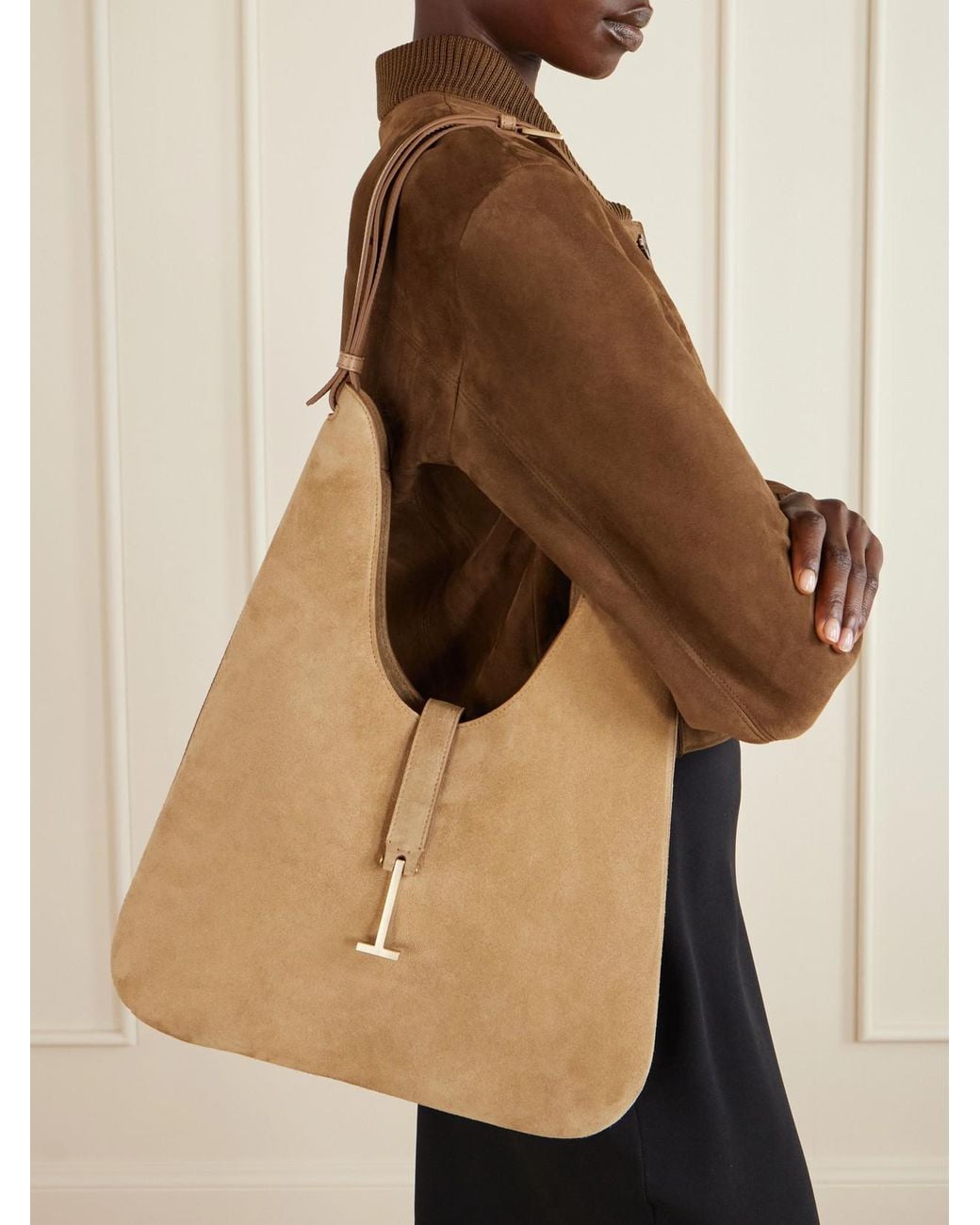 Tom Ford Natural Kara T-Embellished Medium Suede Shoulder Bag