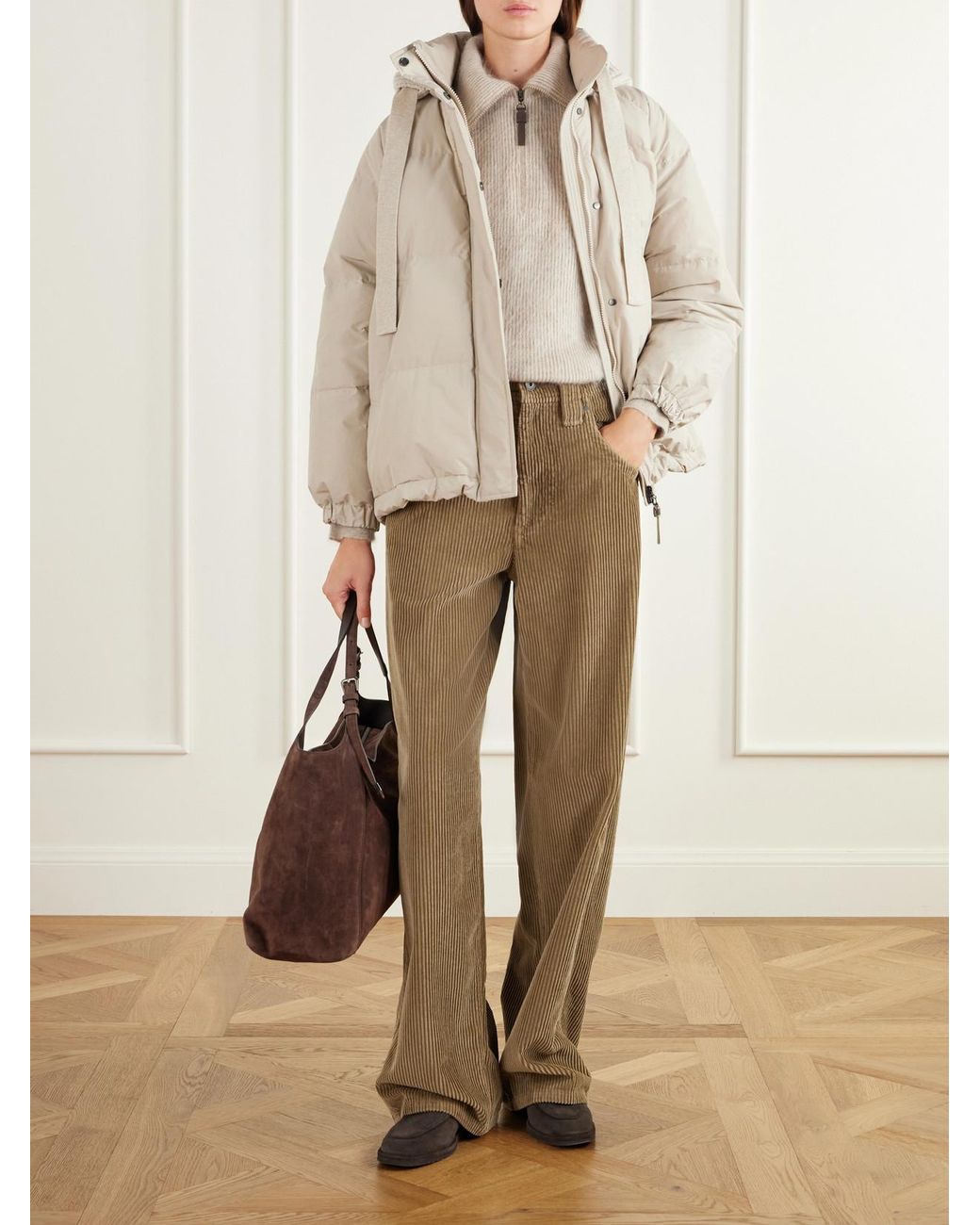 Brunello Cucinelli Natural Hooded Quilted Padded Cashmere-Trimmed Cotton-Blend Shell Jacket