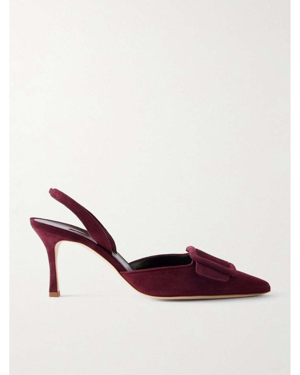 Manolo Blahnik Red Maysli 70 Buckled Suede Slingback Pumps