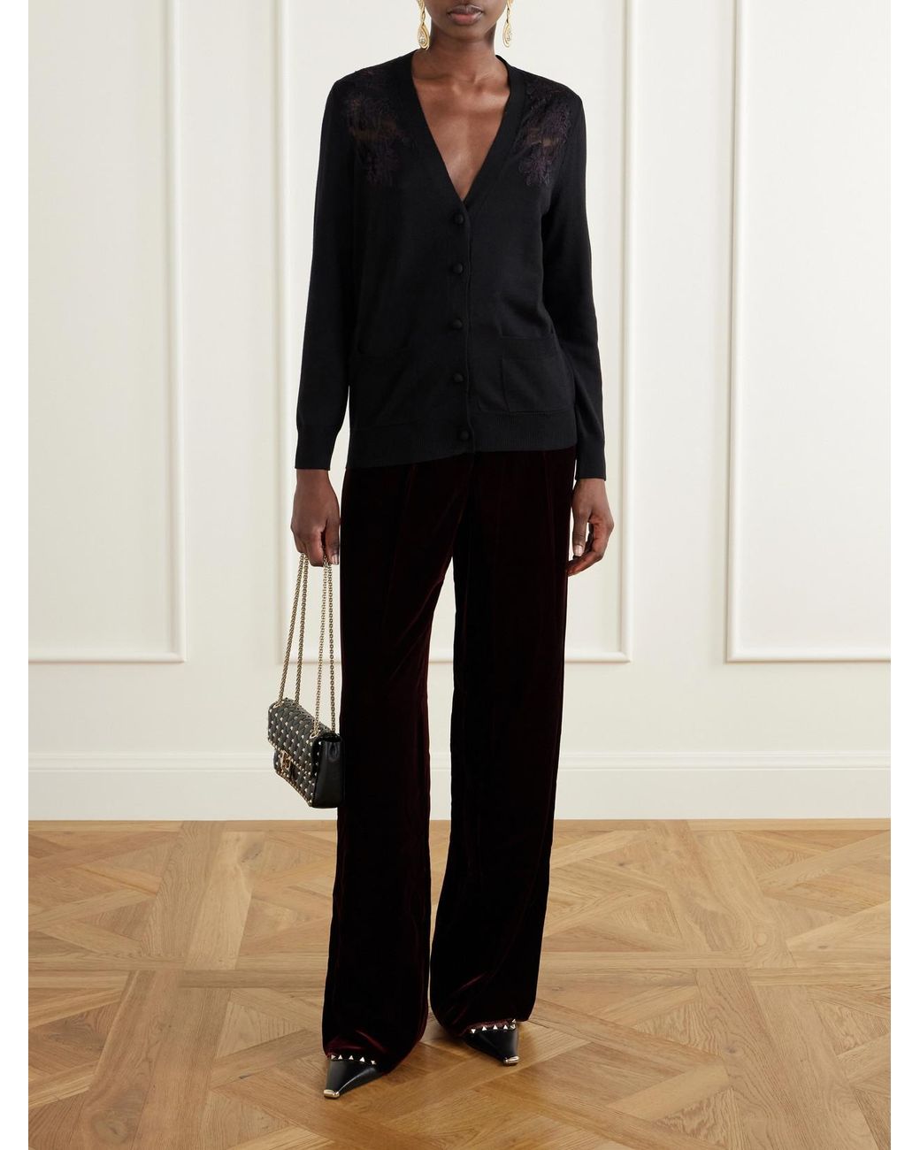 Valentino Garavani Black Lace-Trimmed Wool Cardigan