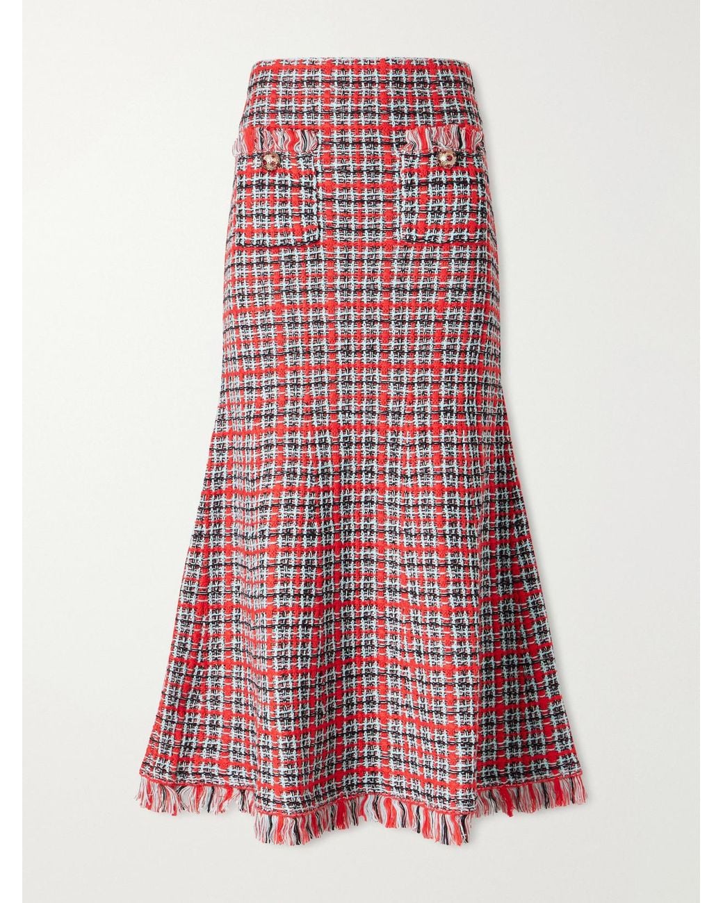 Self-Portrait Red Frayed Wool And Cotton-Blend Tweed Midi Skirt
