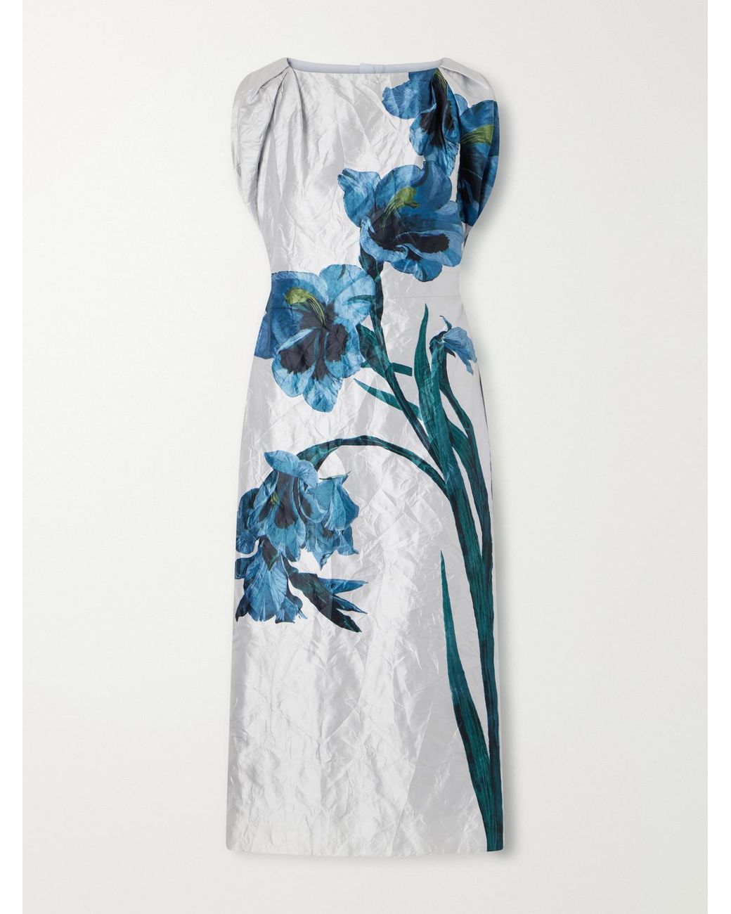 Erdem Blue Floral-Print Textured Satin Midi Dress