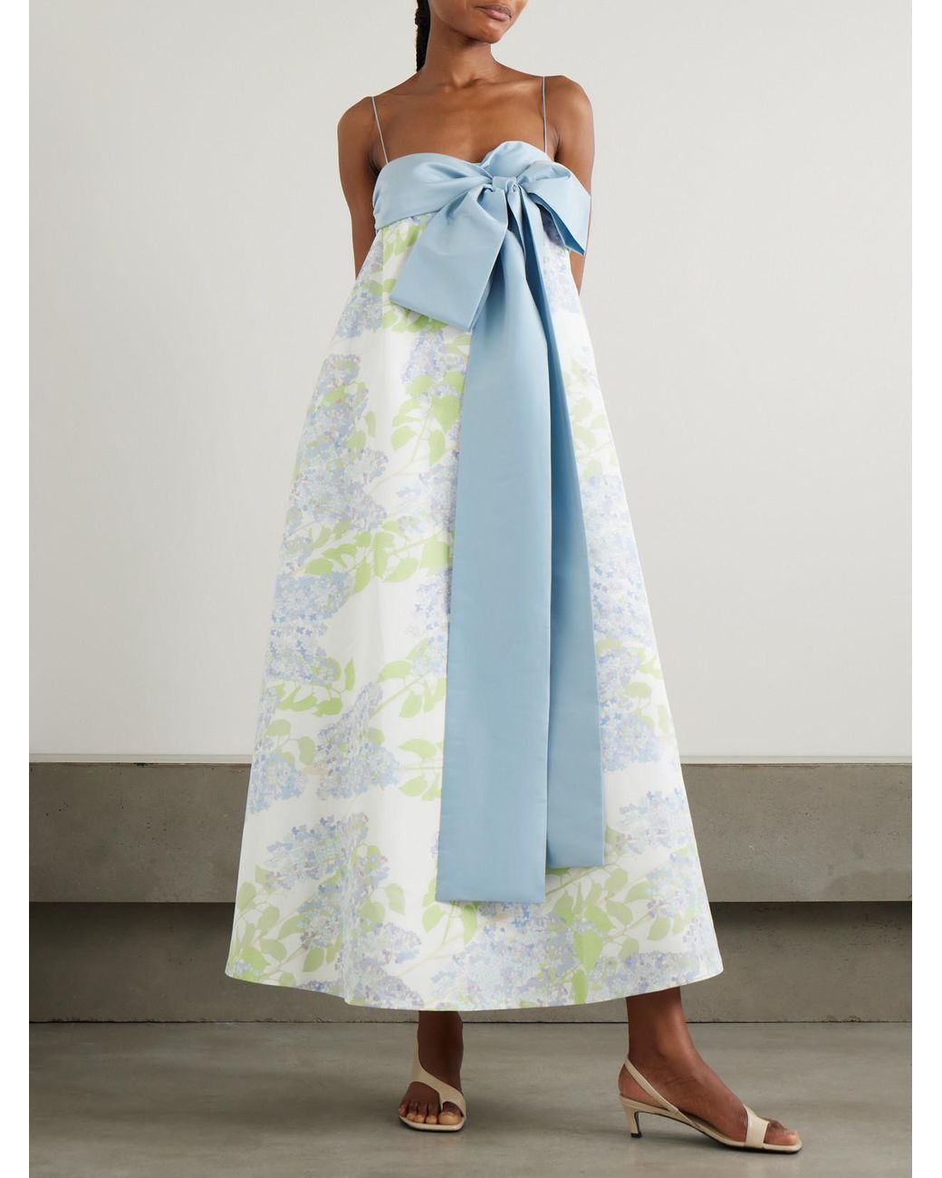 BERNADETTE Bailey Bow-Embellished Floral-Print Taffeta Gown in Blue | Lyst