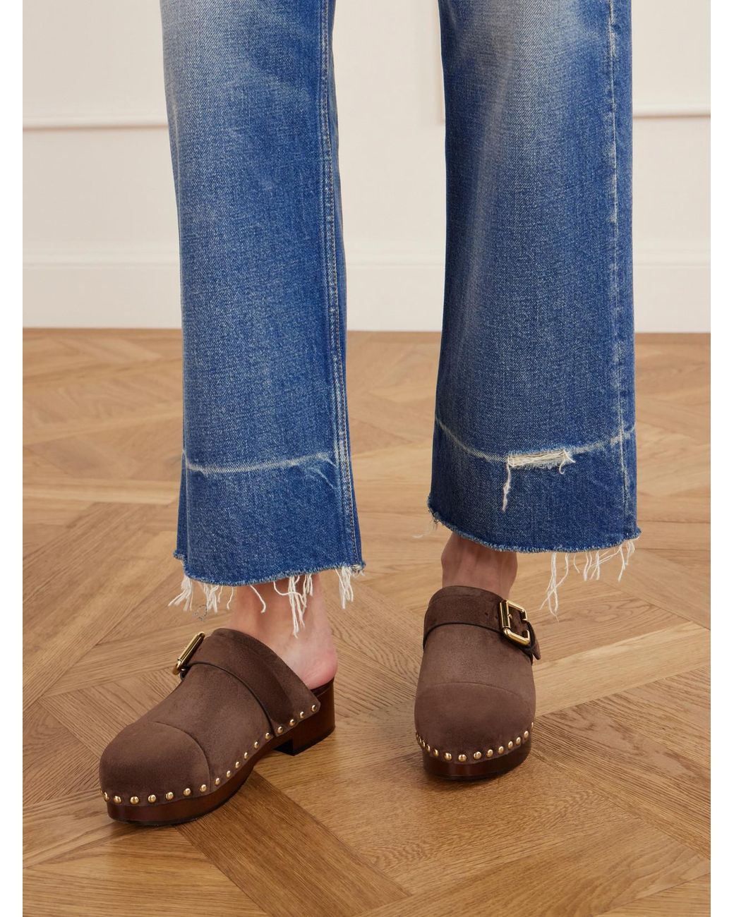 Chloé Brown Jeannette Embellished Suede Clogs