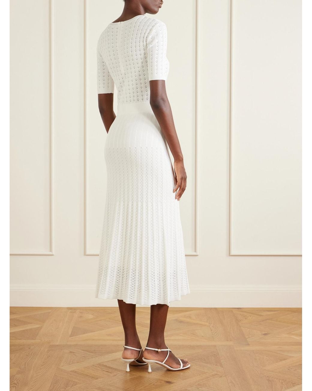 Rebecca Vallance White Embellished Crochet-Knit Midi Dress