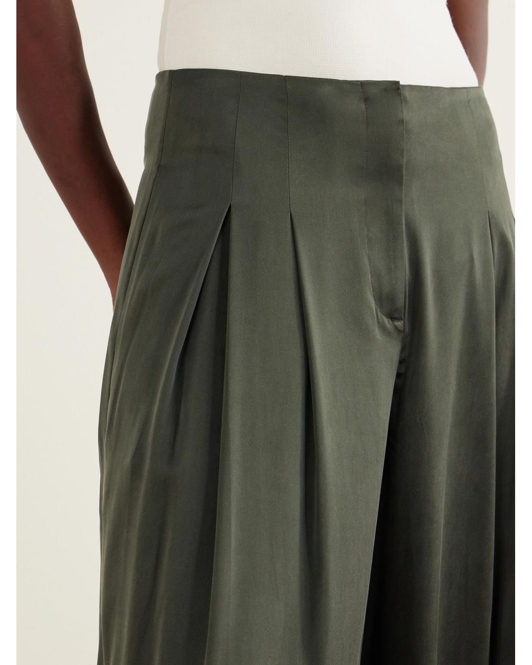 Twp Green Drew Pleated Silk-Blend Charmeuse Mid-Rise Wide-Leg Pants