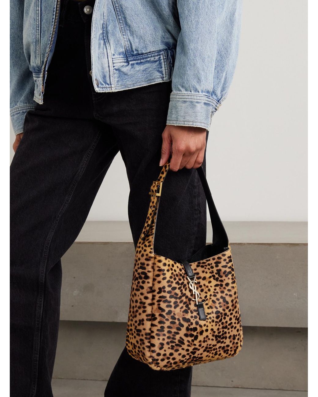 Saint Laurent White Le 5 À 7 Small Embellished Leather-Trimmed Leopard-Print Calf Hair Shoulder Bag