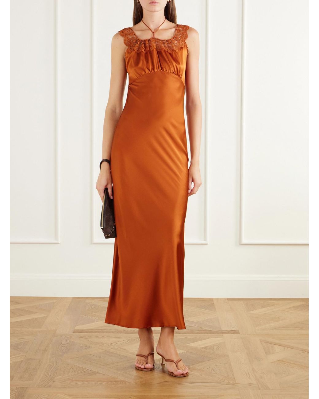 Miguelina Orange Crochet-Trimmed Silk-Blend Charmeuse Halterneck Maxi Dress