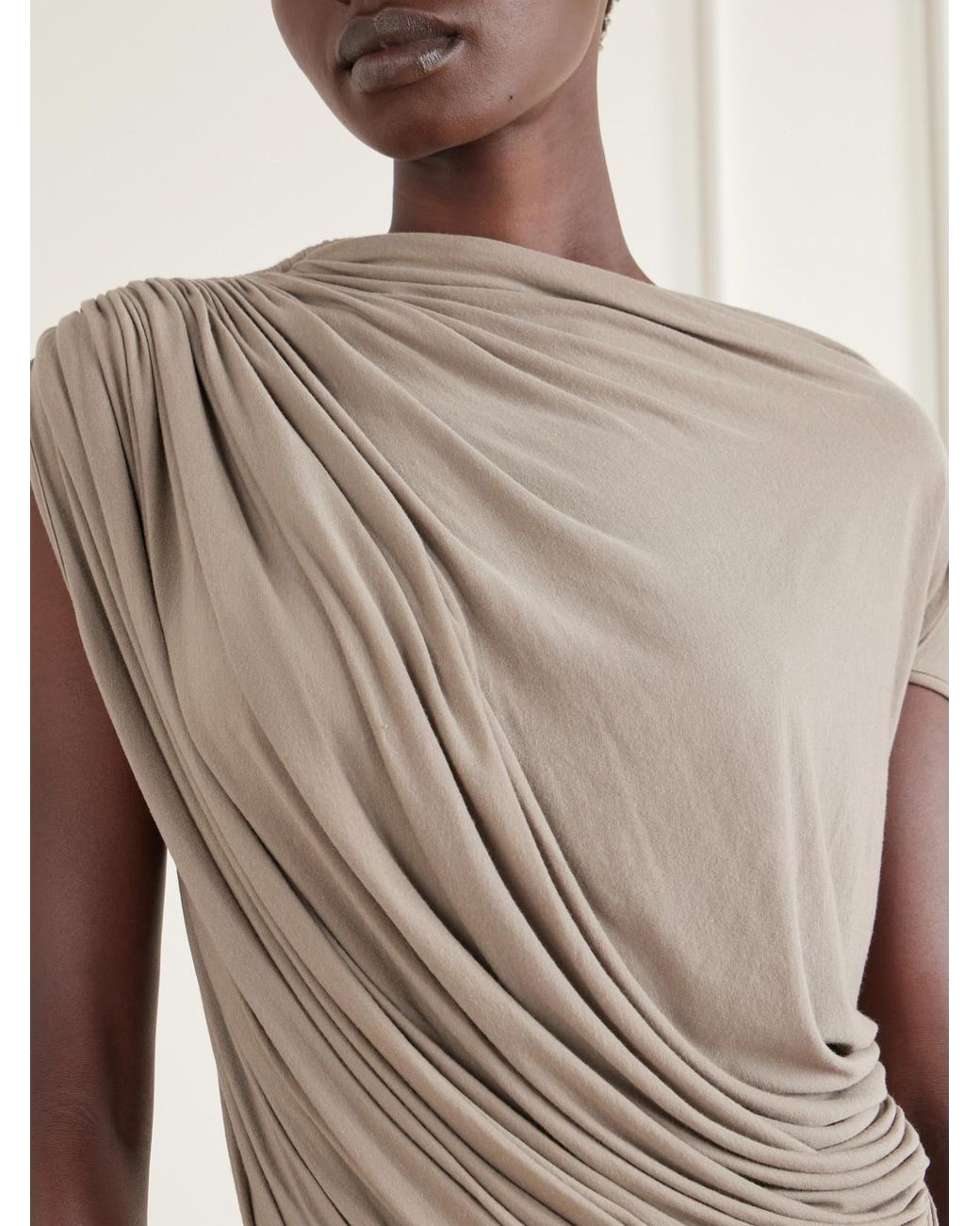 Rick Owens Natural Ares Asymmetric Draped Gathered Stretch-Jersey Mini Dress