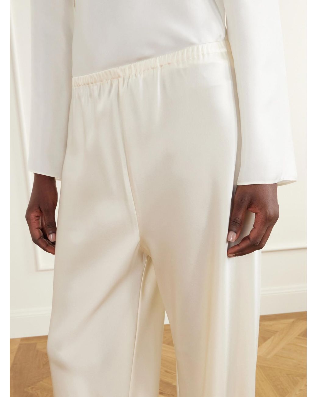 Almala White Bias Satin Wide-Leg Pants