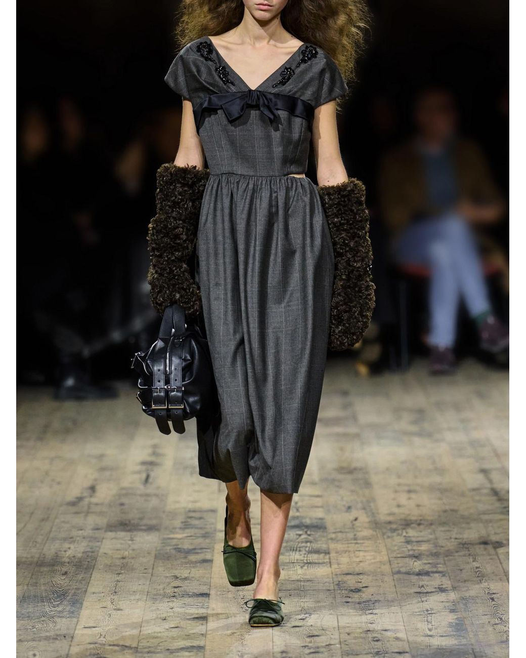 Simone Rocha Black Embellished Gathered Prince Of Wales Checked Wool-Blend Midi Dress