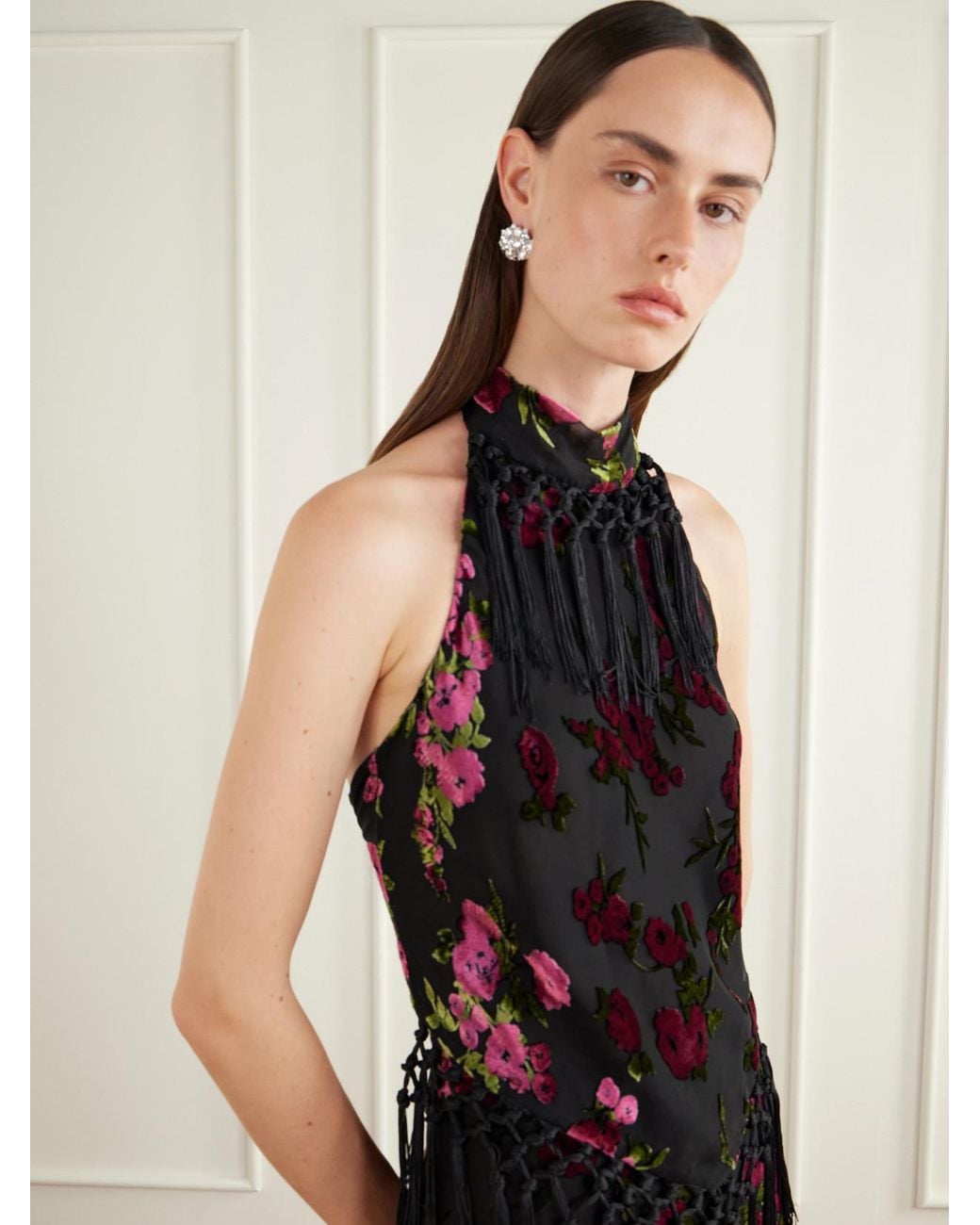 Anna Sui Black Floral-Flock Fringe-Trimmed Crepe Halterneck Top