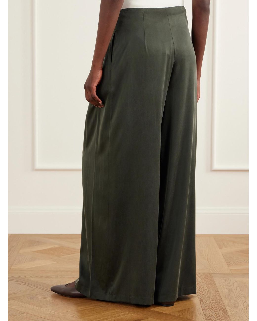 Twp Green Drew Pleated Silk-Blend Charmeuse Mid-Rise Wide-Leg Pants