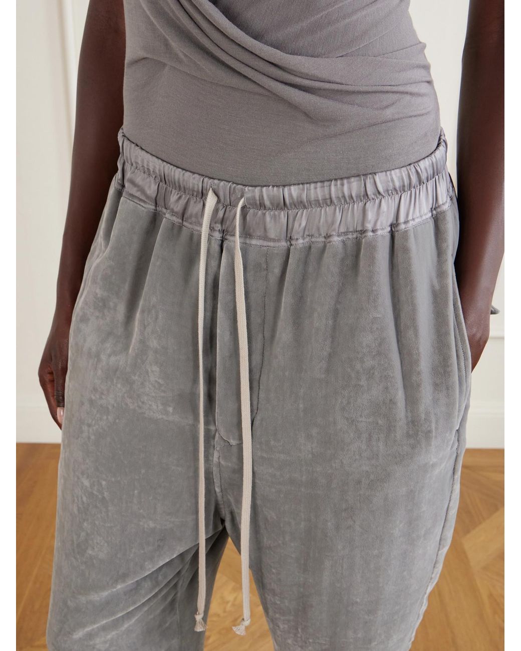 Rick Owens Gray Astaires Cropped Velvet Mid-Rise Tapered Pants