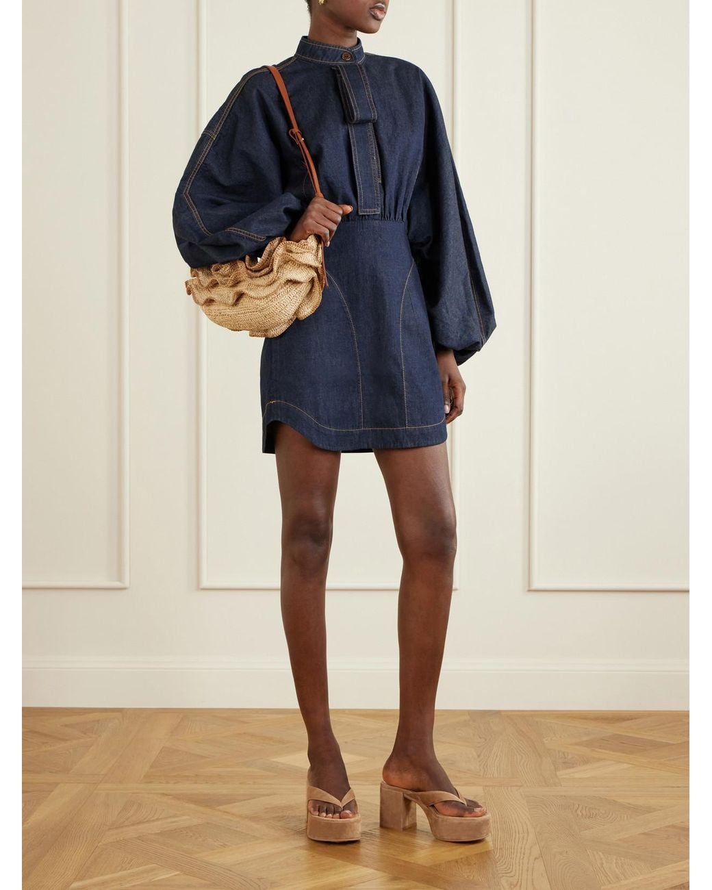 Zimmermann Natural Goldentime Ruffled Leather-Trimmed Raffia Shoulder Bag