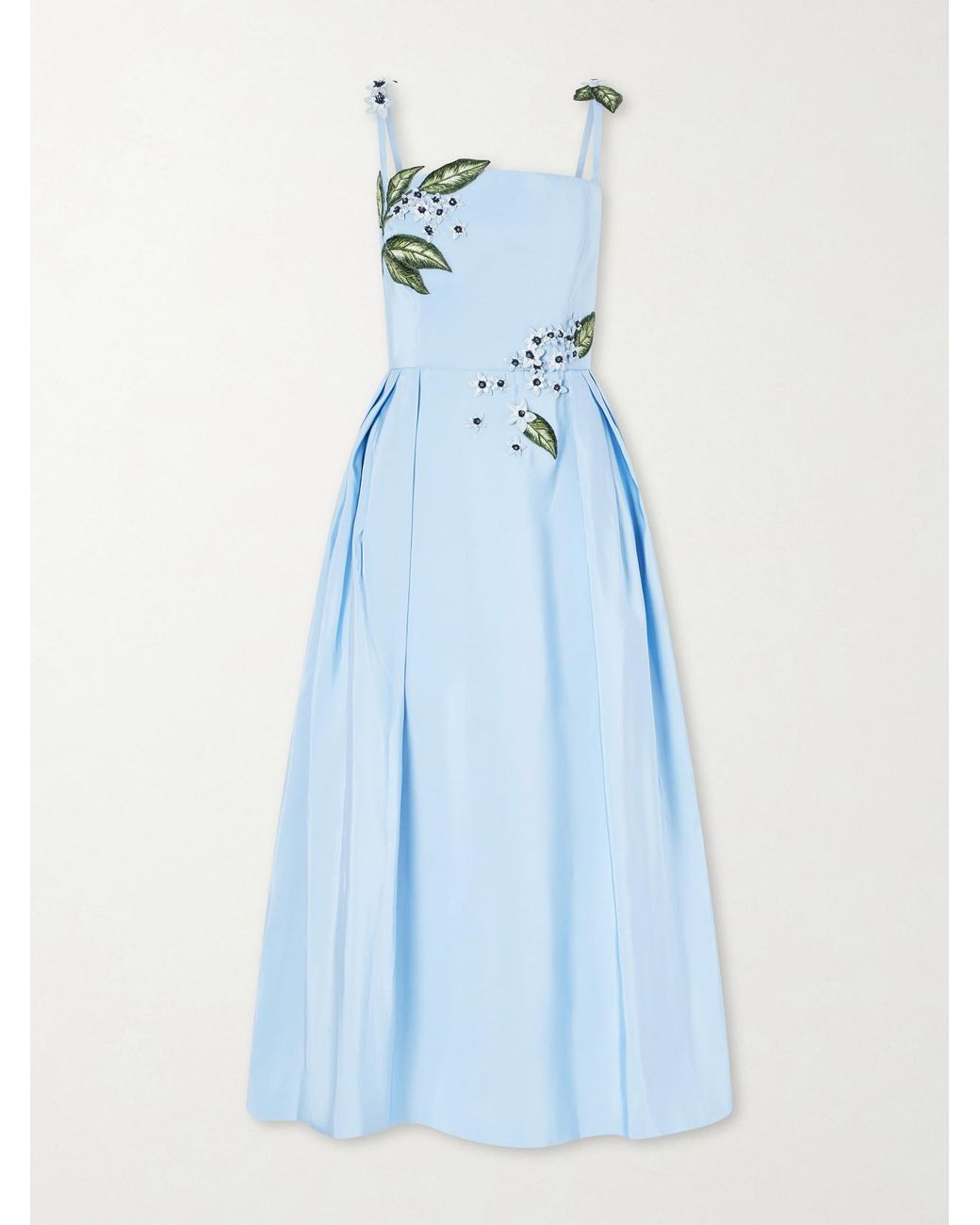 Oscar de la Renta Blue Floral-Embellished Silk Midi Dress