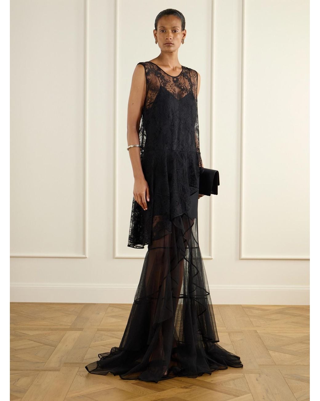 Sharon Wauchob Black Dana Ruffled Tiered Cotton-Blend Lace And Tulle Gown