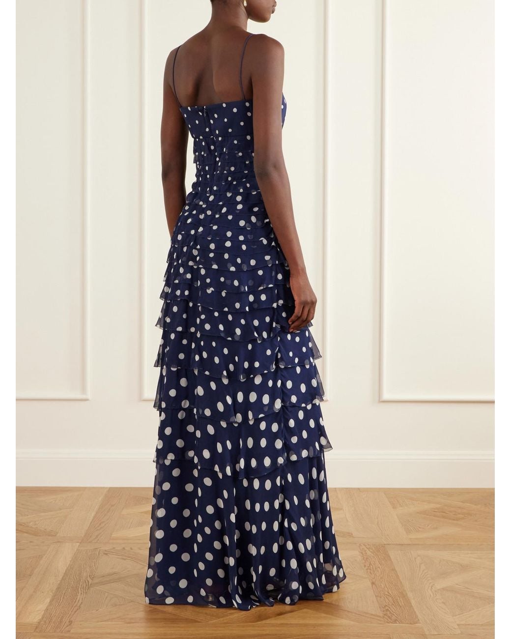 Saloni Blue Niki Polka-Dot Chiffon Gown