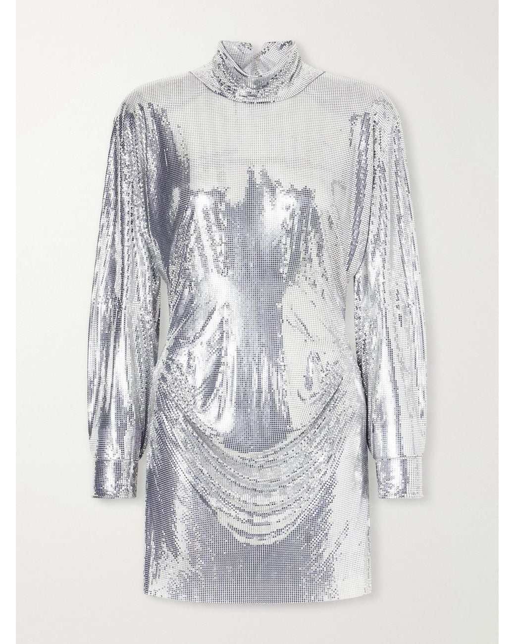 Rabanne White Draped Chainmail Turtleneck Mini Dress