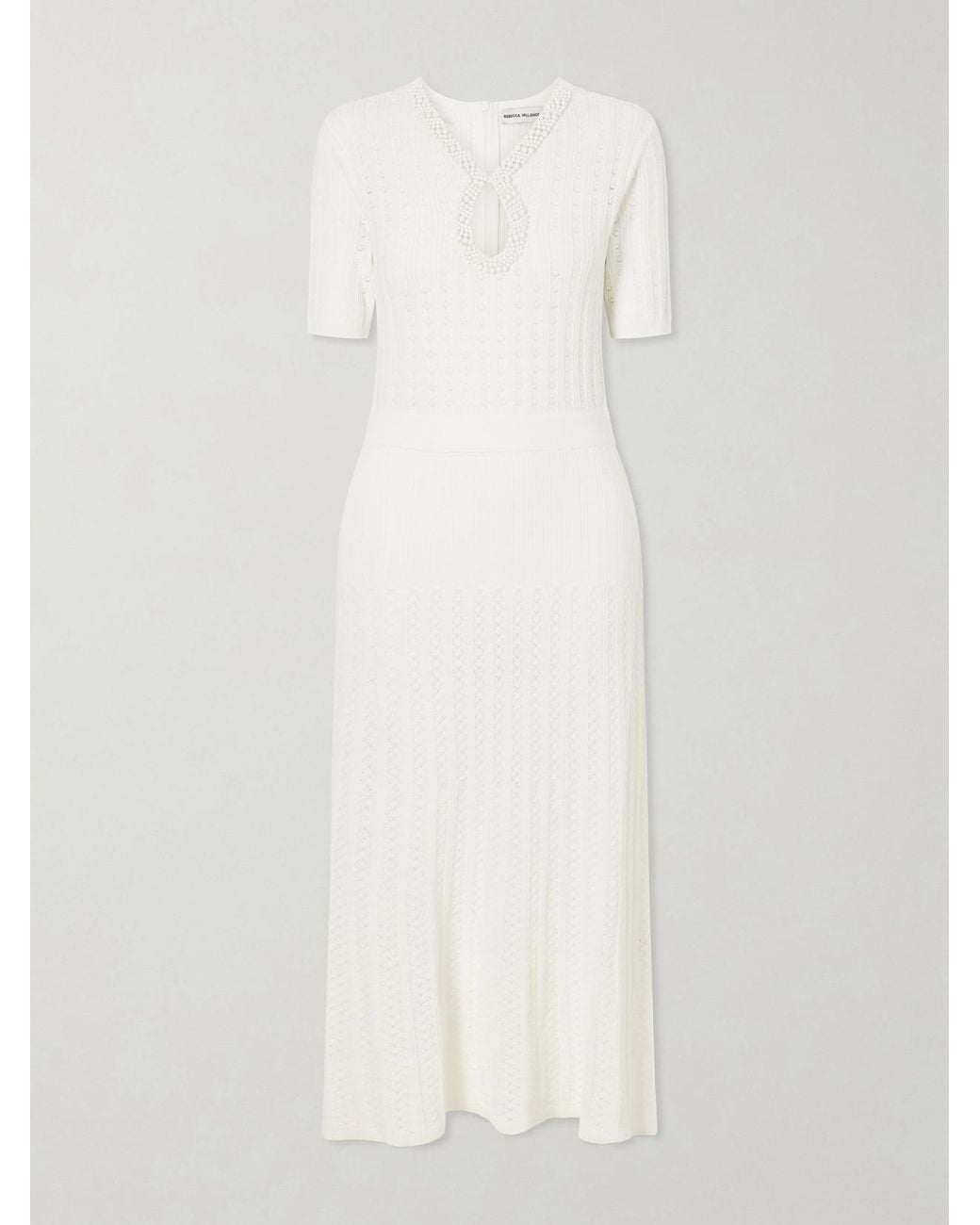 Rebecca Vallance White Embellished Crochet-Knit Midi Dress