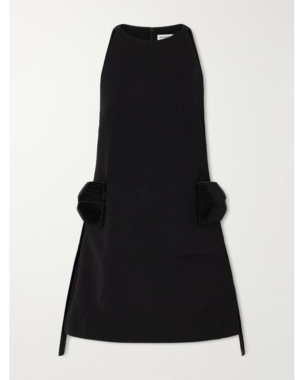 Self-Portrait Black Bow-Detailed Bead-Embellished Crepe Mini Dress