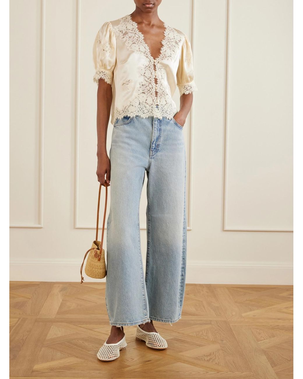 Doen Natural Idella Lace-Trimmed Silk-Satin Blouse