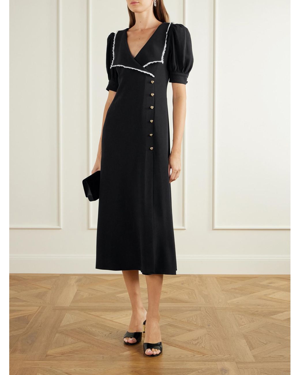 Alessandra Rich Black Lace-Trimmed Crepe-Cady Midi Dress