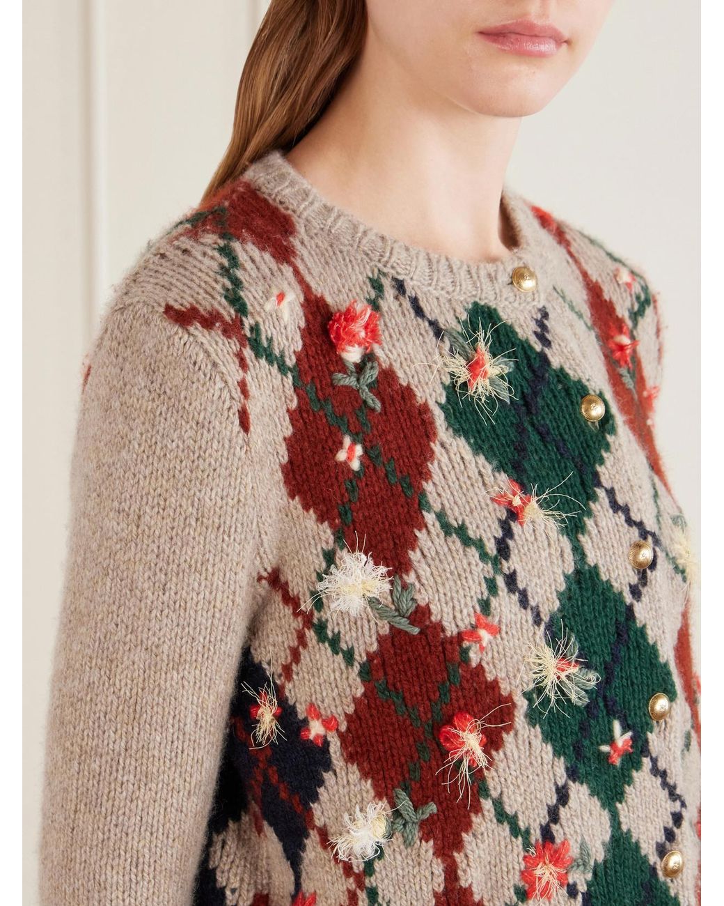 Khaite Natural Marcela Checked Embroidered Wool And Mohair-Blend Cardigan