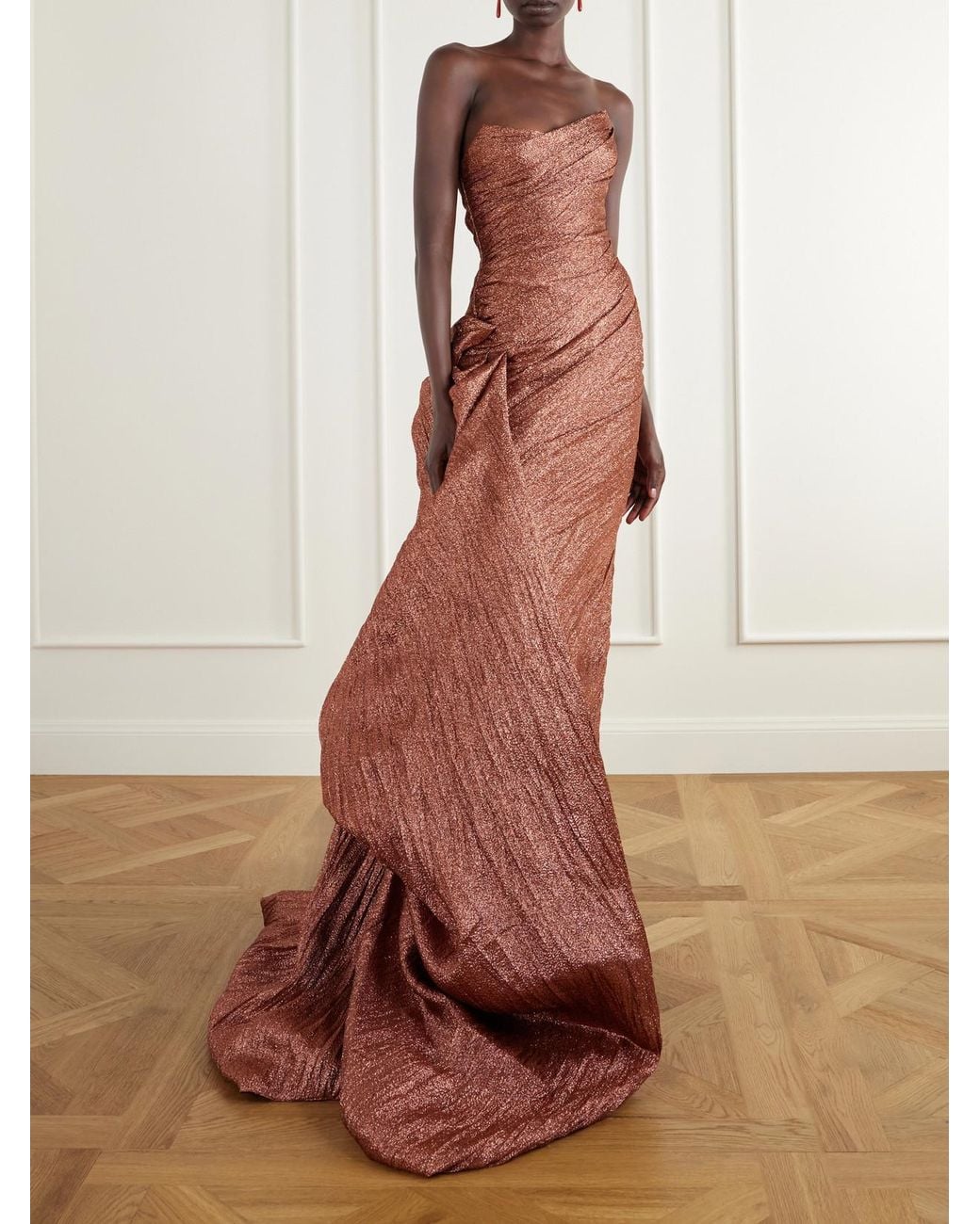 Marmar Halim Metallic Strapless Draped Brocade Wrap Gown