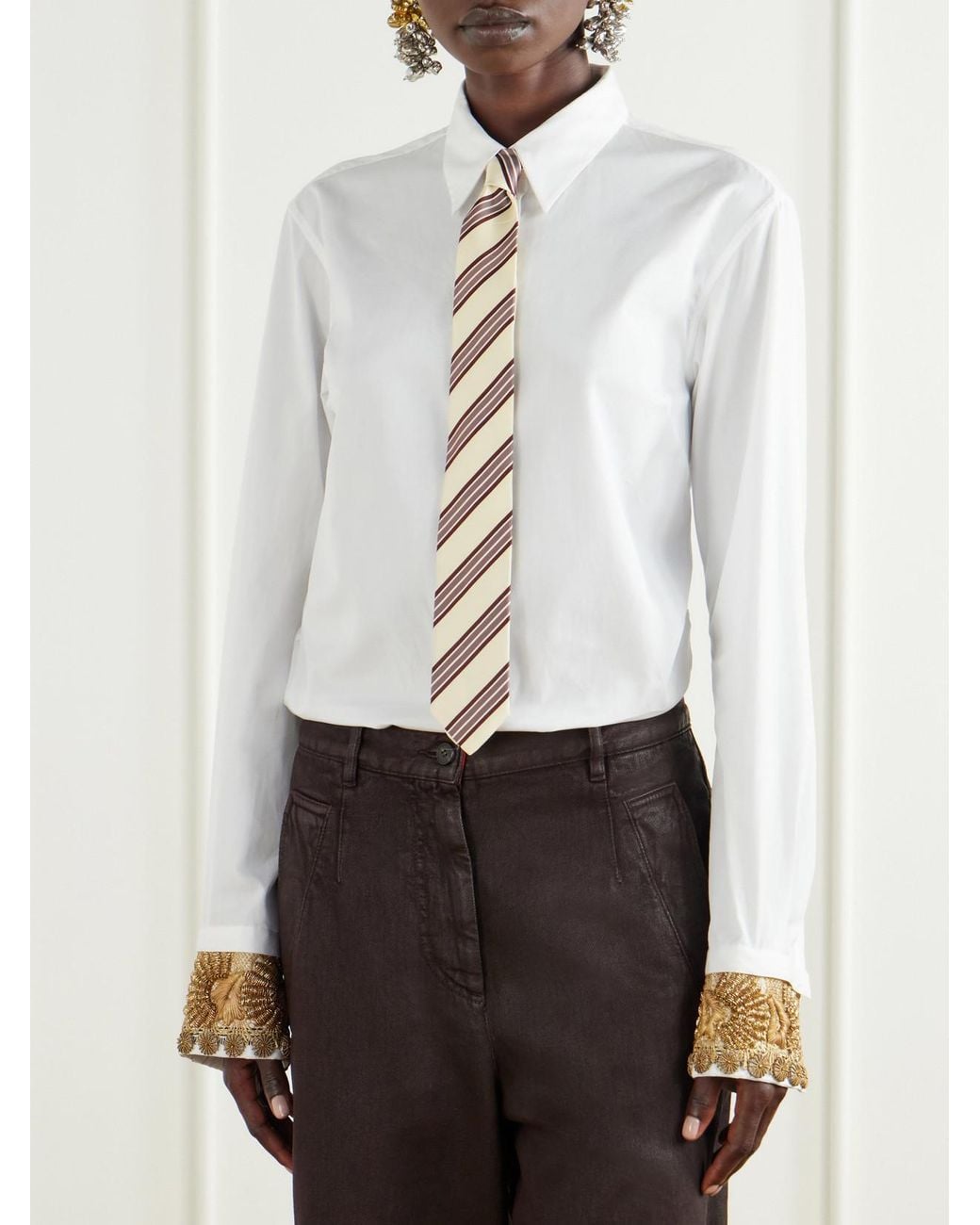 Dries Van Noten White Striped Silk-Jacquard Tie