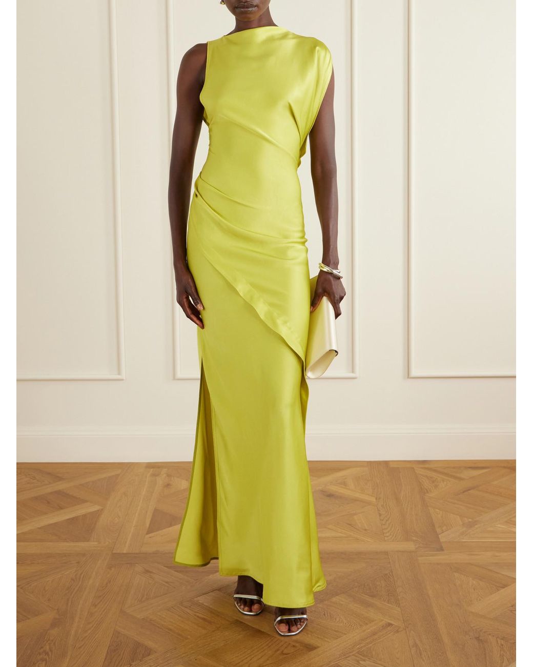 Victoria Beckham Yellow Satin Draped Gown