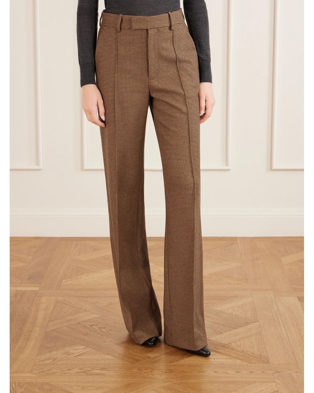 Nili Lotan Brown Etoile Pleated Virgin Wool-Herringbone Straight-Leg Pants