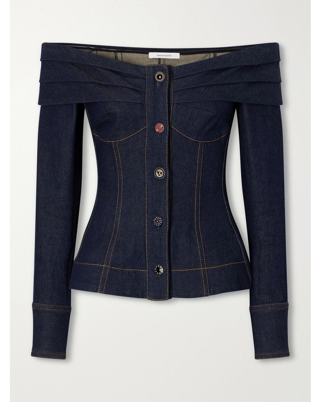 Zimmermann Blue Clash Off-The-Shoulder Pleated Denim Blouse